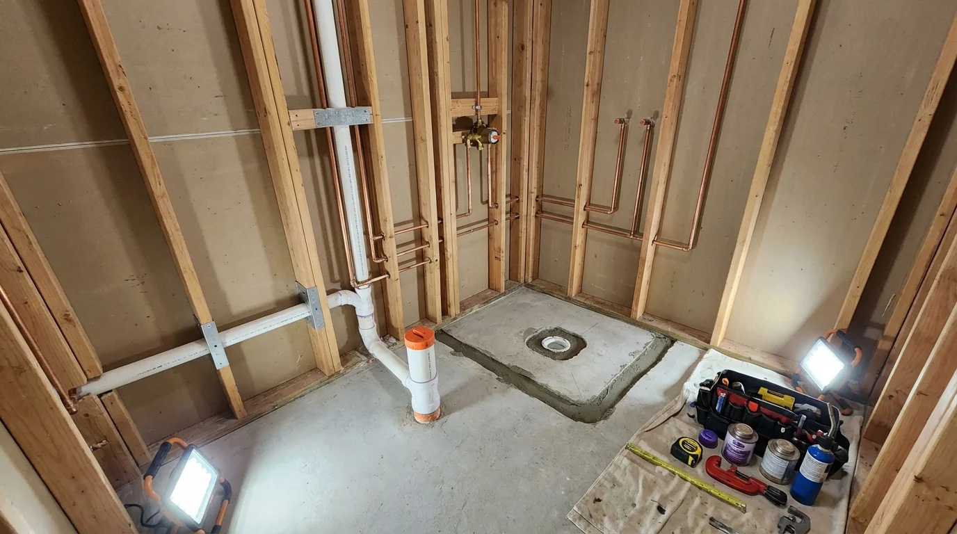 Bathroom rough-in plumbing during remodel by Johns Plumbing LLC in Strathmore