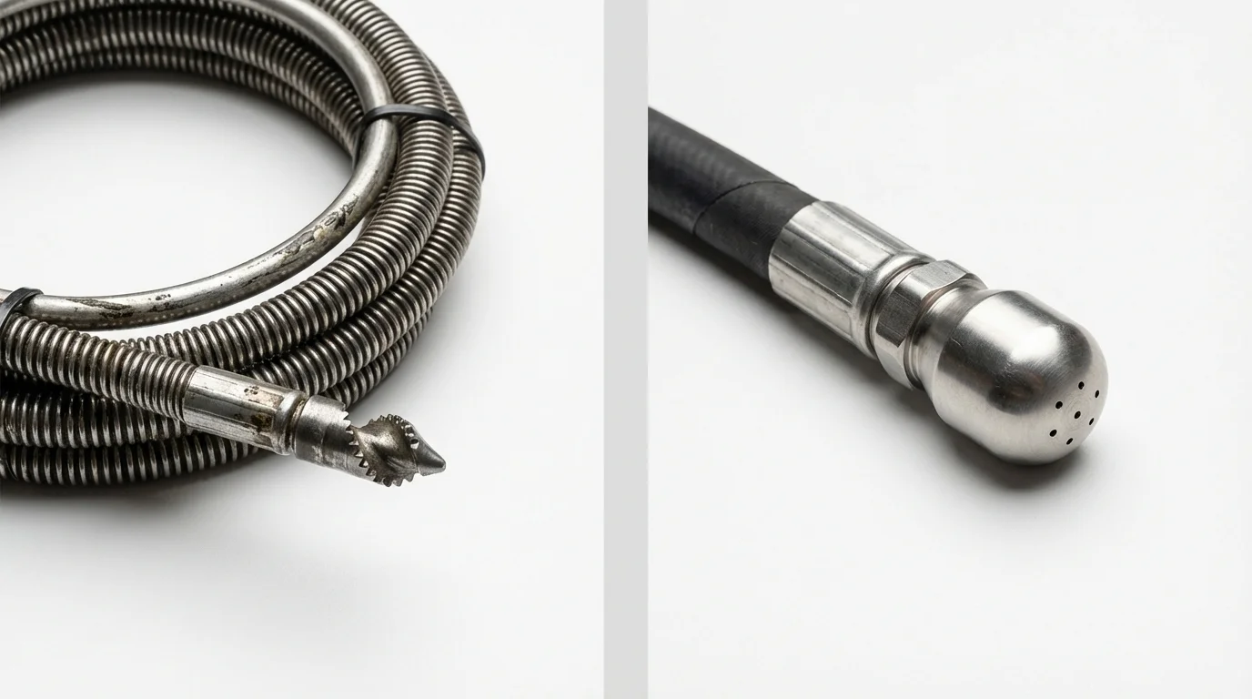Drain snake cable and hydro jetting nozzle used for drain cleaning in Strathmore, CA