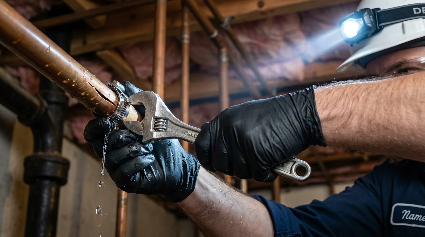 Emergency pipe clamp repair being performed by a Johns Plumbing LLC plumber in Strathmore